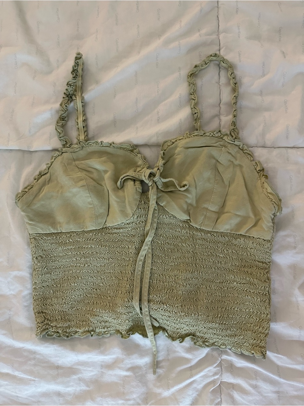 Forever 21 Smocked Light Green Crop Tank Top with Tie Front